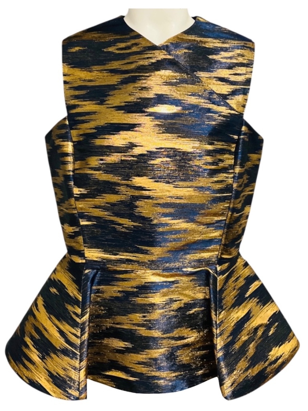 MAISON RABIH KAYROUZ NAVY BLUE / GOLD METALLIC SLEEVELESS JACQUARD TOP WITH PEPL